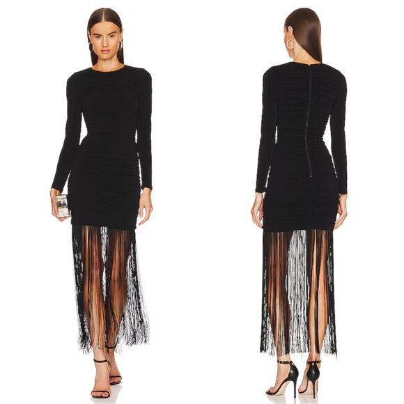 Alice + Olivia Dresses & Skirts - Alice + Olivia Katherina Long Sleeve Ruched Fringe Black Midi Dress Size 0